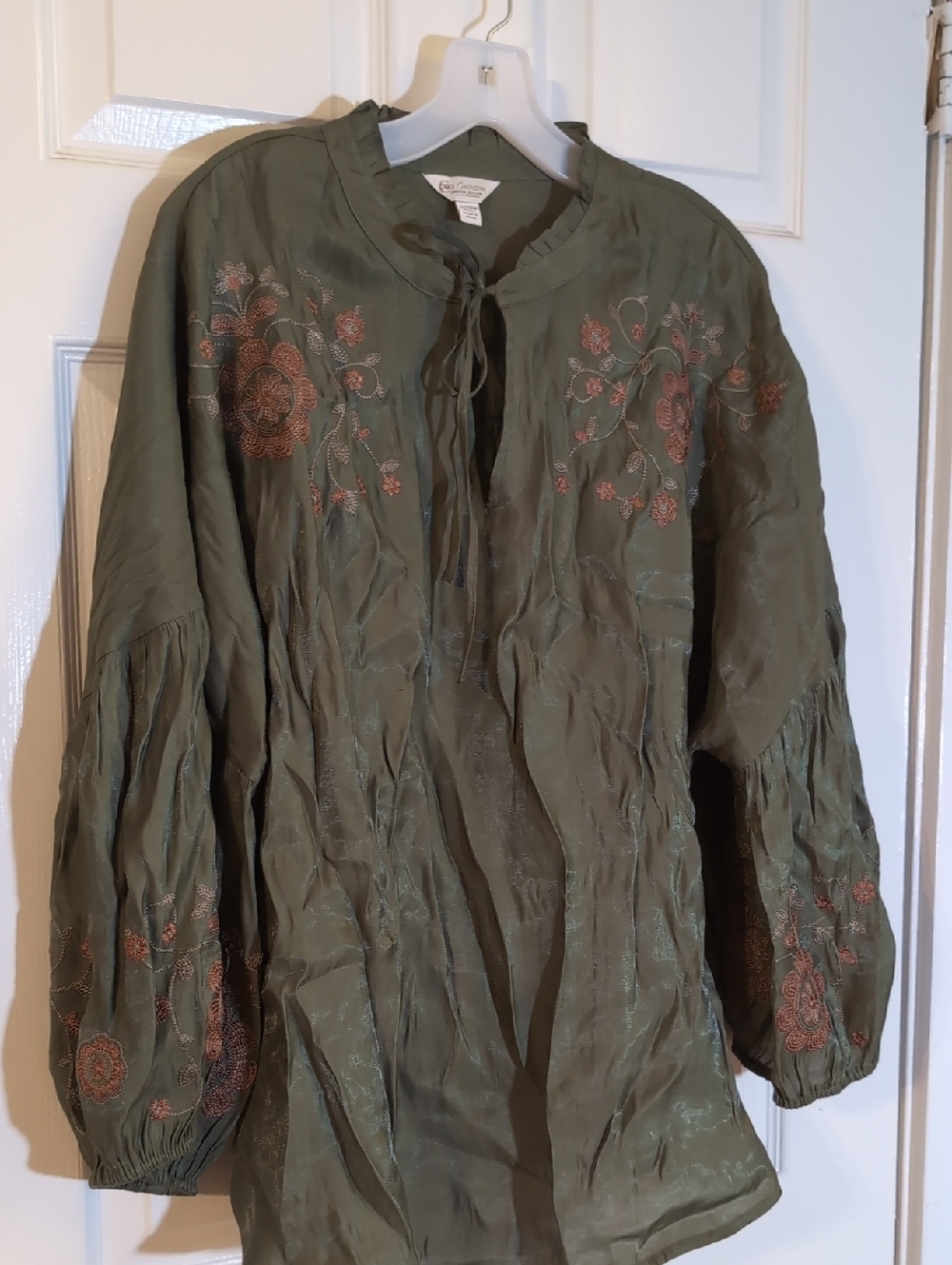 Cato Olive Green Peasant Blouse with Rust Embroidery